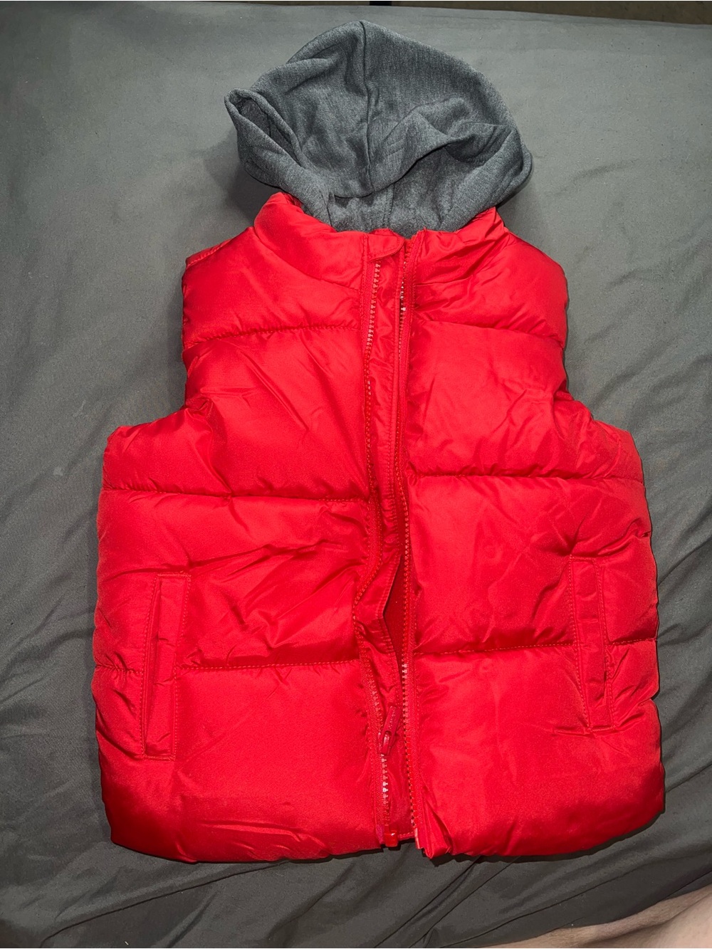 5T Kids Red Puffer Vest with Grey Hood